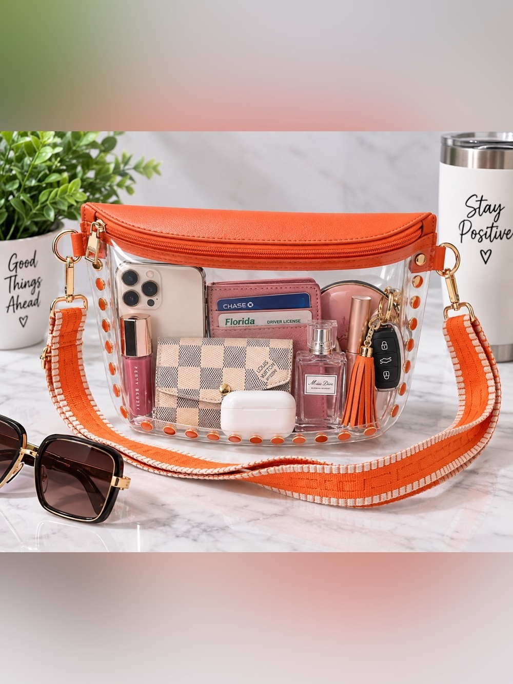 Clear Crossbody Bag with Orange Trim - Women Bags
